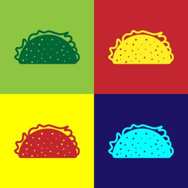 Renk arka planlarda izole tortilla simgesi ile Renk Taco. Geleneksel Meksika fast food'u. Vektör İllüstrasyonu