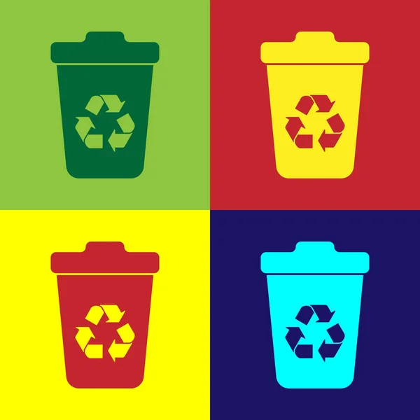 Papelera de reciclaje de color con icono de símbolo de reciclaje aislado en fondos de color. Icono de bote de basura. Cartel de basura. Reciclar signo de cesta. Ilustración vectorial — Vector de stock
