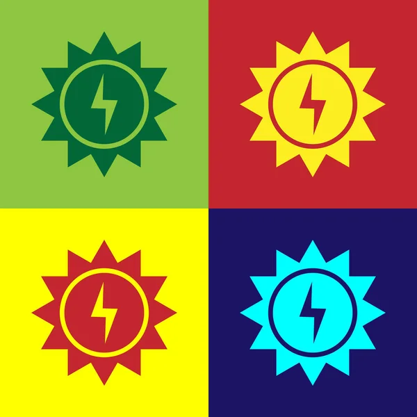 Farbiges Solarpanel-Symbol isoliert auf farbigen Hintergründen. Sonne mit Blitzsymbol. Vektorillustration — Stockvektor