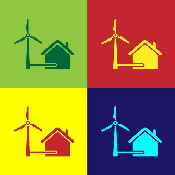 Casa de color con turbina eólica para la generación de energía eléctrica icono aislado en fondos de color. Casa respetuosa con el medio ambiente. Protección Ambiental. Ilustración vectorial — Vector de stock
