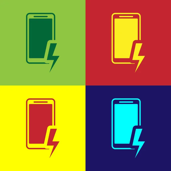 Farbiges Smartphone-Ladeakku-Symbol isoliert auf farbigen Hintergründen. Telefon mit einer niedrigen Akkuladung. Vektorillustration — Stockvektor