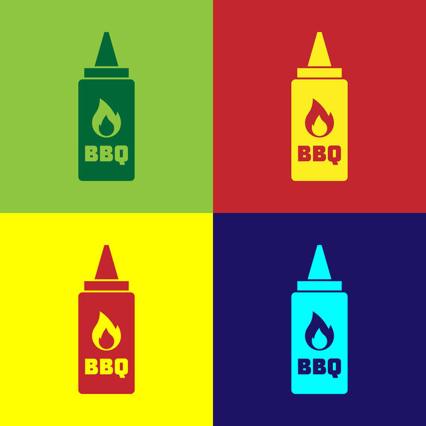 Color Ketchup bottle icon isolated on color backgrounds. Fire flame icon. Barbecue and BBQ grill symbol. Vector Illustration