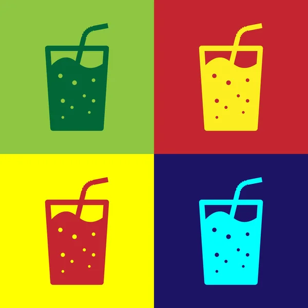 Farbglas mit Wassersymbol isoliert auf farbigen Hintergründen. Soda-Trinkglas mit Trinkhalm. frisches Kaltgetränk Symbol. Vektorillustration — Stockvektor