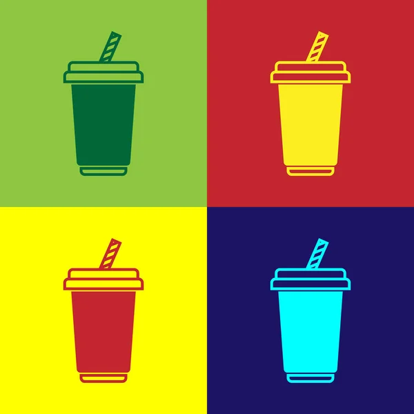 Vidrio de color con icono de agua aislado en fondos de color. Un vaso de refresco con paja para beber. Símbolo de bebida fría fresca. Ilustración vectorial — Vector de stock