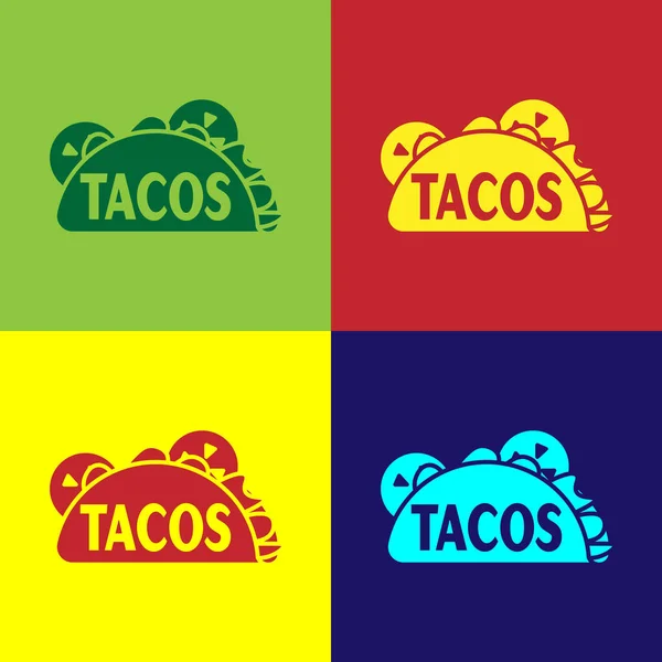 Színes taco a tortilla ikon izolált színes háttérrel. Hagyományos mexikói gyorsétterem. Vektoros illusztráció — Stock Vector