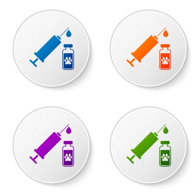 Beyaz arka plan üzerinde izole evcil hayvan aşısı simgesi ile Renk Şırınga. Köpek ya da kedi pençesi izi. Simgeleri daire düğmelerine ayarlayın. Vektör İllüstrasyonu