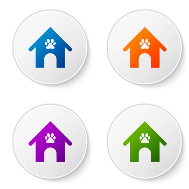 Renkli Köpek ev ve pençe baskı pet simgesi beyaz arka plan üzerinde izole. Köpek kulübesi. Simgeleri daire düğmelerine ayarlayın. Vektör İllüstrasyonu