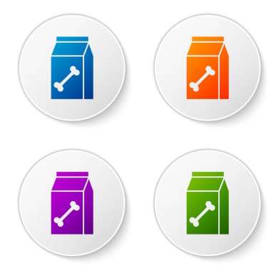 Beyaz arka plan üzerinde izole evcil hayvan simgesi için gıda Renk Çanta. Hayvanlar için yiyecek. Köpek kemiği işareti. Evcil hayvan yiyecek paketi. Simgeleri daire düğmelerine ayarlayın. Vektör İllüstrasyonu