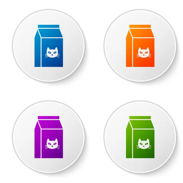 Color Bag of food for cat icon isolated on white background. Food for animals. Pet food package. Set icons in circle buttons. Vector Illustration — Stock Vector