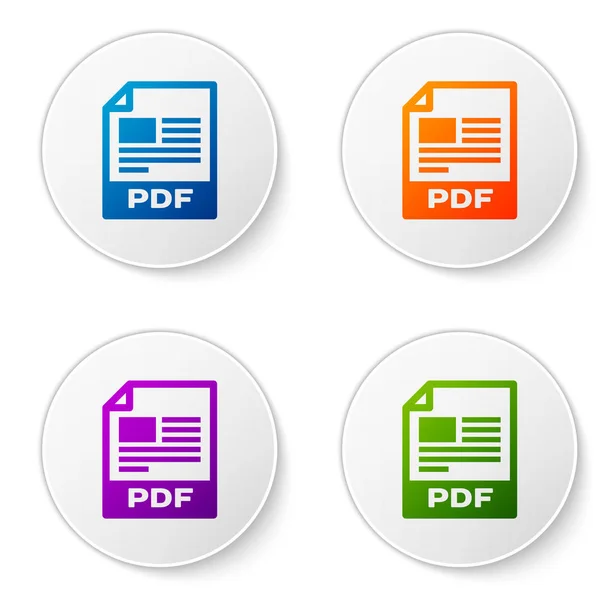 색상 PDF 파일 문서 아이콘입니다. 흰색 배경에 격리 된 PDF 버튼 아이콘을 다운로드합니다. PDF 파일 기호입니다. 원 버튼으로 아이콘을 설정합니다. 벡터 일러스트레이션 — 스톡 벡터