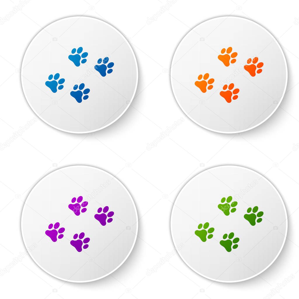 Color Paw print icon isolated on white background. Dog or cat paw print. Animal track. Set icons in circle buttons. Vector Illustration