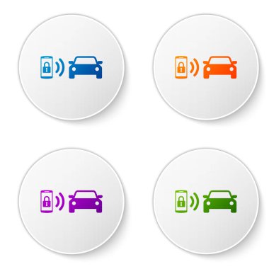 Beyaz arka planda yalıtılmış Color Smart araç alarm sistemi simgesi. Akıllı telefon kablosuz araç güvenliğini kontrol eder. Simgeleri daire düğmelerine ayarlayın. Vektör İllüstrasyonu