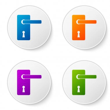 Beyaz arka planda yalıtılmış renkli kapı tutamacı simgesi. Kapı kilidi tabelası. Simgeleri daire düğmelerine ayarlayın. Vektör İllüstrasyonu
