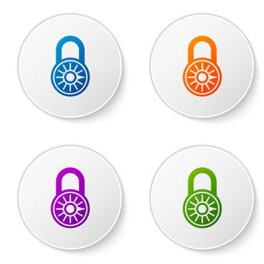 Beyaz arka planda yalıtılmış Renk Güvenli kombinasyon kilidi tekerleği simgesi. Kombinasyon asma kilidi. Güvenlik, güvenlik, koruma, şifre, gizlilik kavramı. Simgeleri daire düğmelerine ayarlayın. Vektör İllüstrasyonu