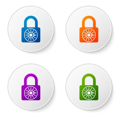 Beyaz arka planda yalıtılmış Renk Güvenli kombinasyon kilidi tekerleği simgesi. Kombinasyon asma kilidi. Güvenlik, güvenlik, koruma, şifre, gizlilik kavramı. Simgeleri daire düğmelerine ayarlayın. Vektör İllüstrasyonu