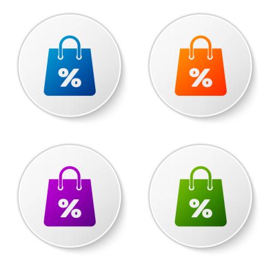 Beyaz arka planda yalıtılmış bir yazıt yüzde indirim simgesi ile Renk Shoping çanta. Çanta tabelası. Kadın çantası simgesi. Kadın çanta tabelası. Simgeleri daire düğmelerine ayarlayın. Vektör İllüstrasyonu