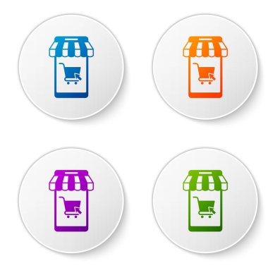 Beyaz arka plan üzerinde izole çizgili tente simgesi ile Renk Cep telefonu ve alışveriş sepeti. Online satın alma sembolü. Süpermarket sepeti sembolü. Simgeleri daire düğmelerine ayarlayın. Vektör İllüstrasyonu