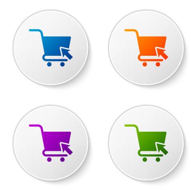 Beyaz arka planda yalıtılmış imleç simgesine sahip Renkli Alışveriş sepeti. Online satın alma konsepti. Teslimat hizmeti işareti. Süpermarket sepeti sembolü. Simgeleri daire düğmelerine ayarlayın. Vektör İllüstrasyonu