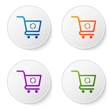 Beyaz arka planda yalıtılmış renkli alışveriş sepeti simgesi. Online satın alma konsepti. Teslimat hizmeti işareti. Süpermarket sepeti simgesini güncelleyin. Simgeleri daire düğmelerine ayarlayın. Vektör İllüstrasyonu