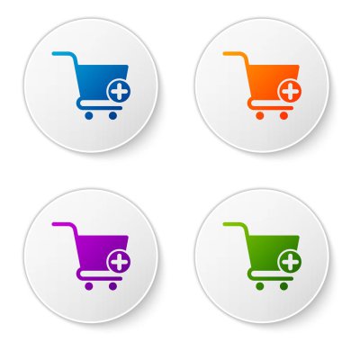 Beyaz arka planda yalıtılmış Alışveriş sepeti simgesine Renk Ekle simgesi. Online satın alma konsepti. Teslimat hizmeti işareti. Süpermarket sepeti sembolü. Simgeleri daire düğmelerine ayarlayın. Vektör İllüstrasyonu