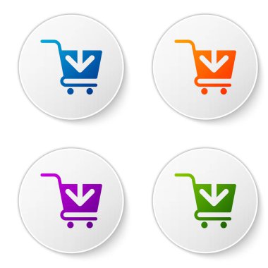 Beyaz arka planda yalıtılmış Alışveriş sepeti simgesine Renk Ekle simgesi. Online satın alma konsepti. Teslimat hizmeti işareti. Süpermarket sepeti sembolü. Simgeleri daire düğmelerine ayarlayın. Vektör İllüstrasyonu
