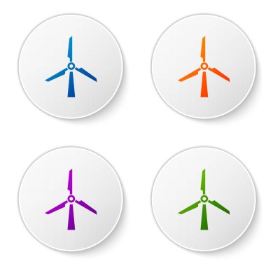 Beyaz arka planda yalıtılmış Renk Rüzgar türbini simgesi. Rüzgar jeneratörü işareti. Yel değirmeni silueti. Elektrik enerjisi üretimi için yel değirmeni. Simgeleri daire düğmelerine ayarlayın. Vektör İllüstrasyonu