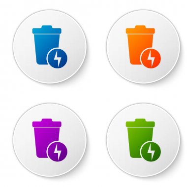 Çöp kutusu ile Renk Şimşek beyaz arka planda yalıtılmış simgesi olabilir. Enerjiye harcar. Çöp kutusu tabelası. Sepet işaretini geri dönüştürün. Simgeleri daire düğmelerine ayarlayın. Vektör İllüstrasyonu