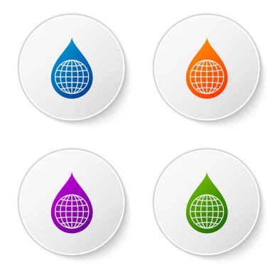 Beyaz arka plan üzerinde izole su damla simgesi renkli Dünya gezegeni. Dünya küresi ve su damlası. Su tasarrufu ve dünya çevre koruma. Simgeleri daire düğmelerine ayarlayın. Vektör İllüstrasyonu
