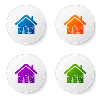 Beyaz arka planda yalıtılmış Color Smart ev simgesi. Uzaktan kumanda. Simgeleri daire düğmelerine ayarlayın. Vektör İllüstrasyonu