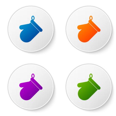 Beyaz arka planda yalıtılmış Renkli Fırın eldiven simgesi. Mutfak saksı tabelası. Yemek eldiveni. Simgeleri daire düğmelerine ayarlayın. Vektör İllüstrasyonu