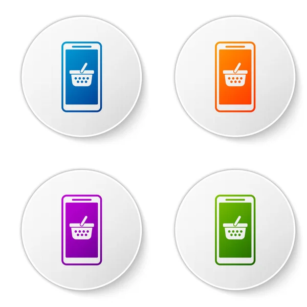 흰색 배경에 격리 된 휴대 전화 및 쇼핑 바구니 아이콘색상. 온라인 구매 기호입니다. 슈퍼마켓 바구니 기호입니다. 원 버튼으로 아이콘을 설정합니다. 벡터 일러스트레이션 — 스톡 벡터