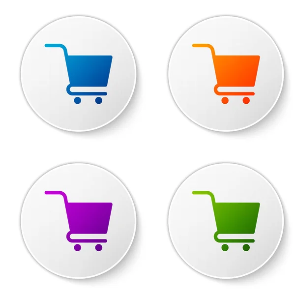 Beyaz arka planda yalıtılmış Renkli Alışveriş sepeti simgesi. Online satın alma konsepti. Teslimat hizmeti işareti. Süpermarket sepeti sembolü. Simgeleri daire düğmelerine ayarlayın. Vektör İllüstrasyonu — Stok Vektör