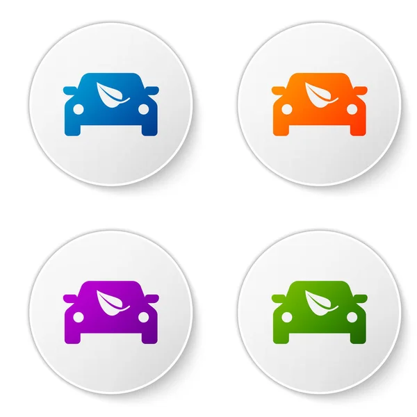 Cor Eco carro conceito drive com folha ícone isolado no fundo branco. Símbolo verde do carro de energia. Definir ícones em botões de círculo. Ilustração vetorial — Vetor de Stock