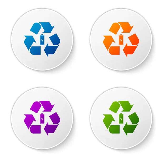 Farb-Akku mit Recycling-Symbol Zeilensymbol isoliert auf weißem Hintergrund. Batterie mit Recycling-Symbol - Konzept für erneuerbare Energien. setzen Sie Symbole in Kreis-Buttons. Vektorillustration — Stockvektor