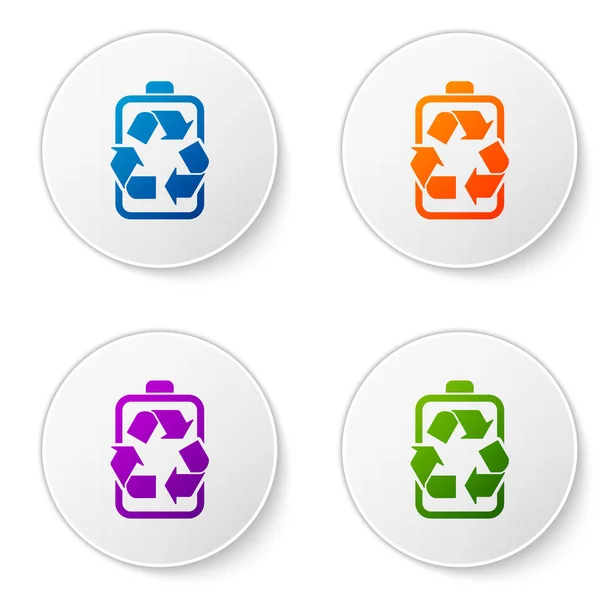 Color Batería con icono de línea de símbolo de reciclaje aislado sobre fondo blanco. Batería con símbolo de reciclaje - concepto de energía renovable. Establecer iconos en botones de círculo. Ilustración vectorial — Vector de stock