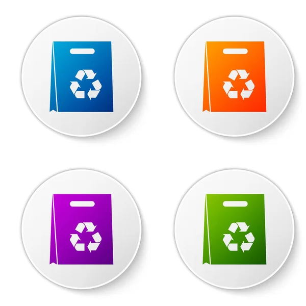 Kleur papier boodschappentas met recycle icoon geïsoleerd op witte achtergrond. Tas met recycling symbool. Pictogrammen instellen in de cirkel knoppen. Vector illustratie — Stockvector