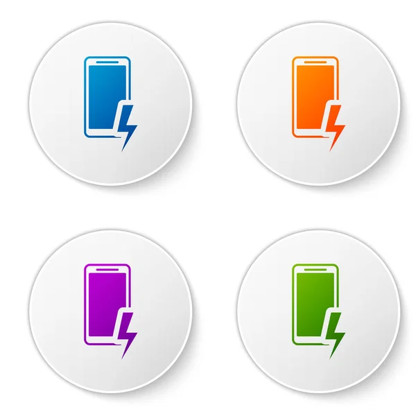 Color Smartphone carga icono de la batería aislado sobre fondo blanco. Teléfono con una carga de batería baja. Establecer iconos en botones de círculo. Ilustración vectorial — Vector de stock