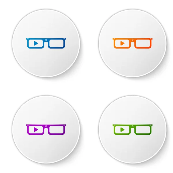 Barevné brýle na ikoně s brýlemi, izolované na bílém pozadí. S fotoaparátem a displejí, které jsou vybaveny na orné půdě. Ikony se nastavují v kolečkách. Vektorová ilustrace — Stockový vektor