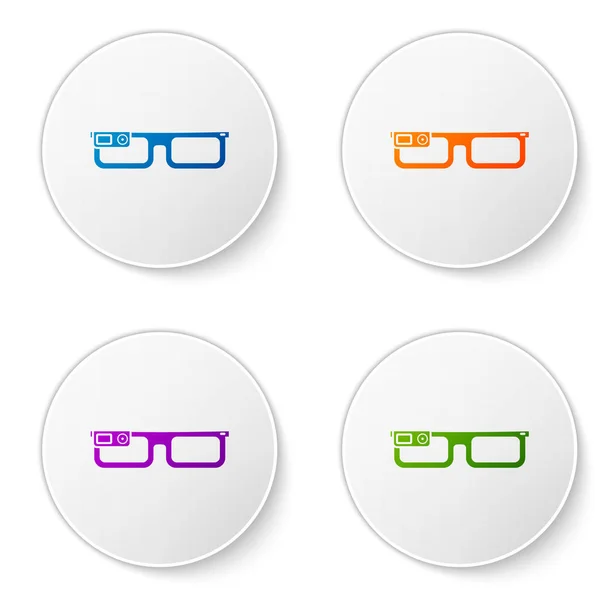 彩色智能眼镜安装在与白色背景隔离的眼镜图标上。带摄像头和显示屏的可穿戴电子智能眼镜。在圆形按钮中设置图标。矢量插图 — 图库矢量图片