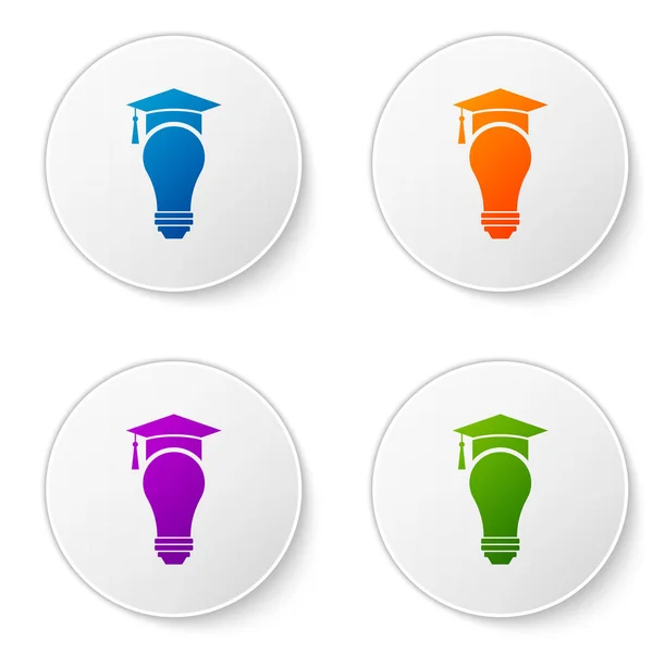 Color Light bulb and graduation cap icon isolated on white background. University Education concept. Set icons in circle buttons. Vector Illustration — Stock Vector