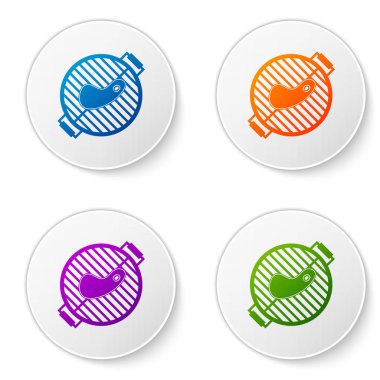 Beyaz arka plan üzerinde izole biftek simgesi ile Renkli Barbekü ızgara. Barbekü ızgara partisi. Simgeleri daire düğmelerine ayarlayın. Vektör İllüstrasyonu