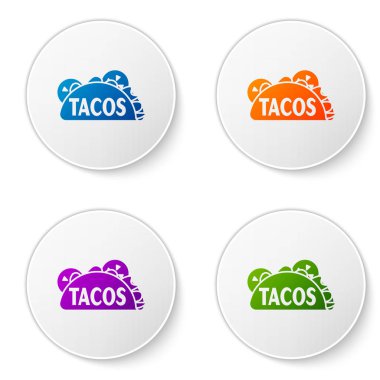 Beyaz arka plan üzerinde izole tortilla simgesi ile Renk Taco. Geleneksel Meksika fast food'u. Simgeleri daire düğmelerine ayarlayın. Vektör İllüstrasyonu