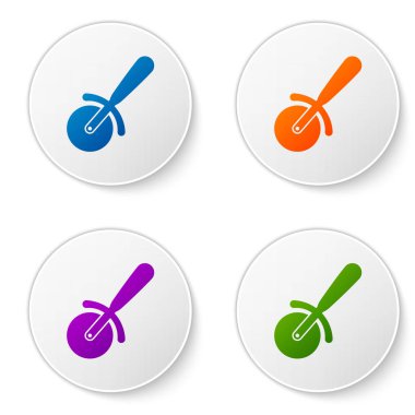 Beyaz arka planda izole edilmiş renkli pizza bıçağı ikonu. Pizza kesme tabelası. Çelik mutfak gereçleri. Simgeleri daire düğmelerine ayır. Vektör İllüstrasyonu