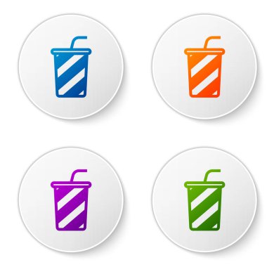 Beyaz arka plan üzerinde izole su simgesi ile Renk Cam. Soda, pipetli bardak içilir. Taze soğuk içecek sembolü. Simgeleri daire düğmelerine ayarlayın. Vektör İllüstrasyonu