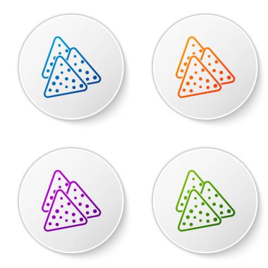 Beyaz arka planda yalıtılmış renk Nachos simgesi. Tortilla cipsi veya nachos tortilla. Geleneksel Meksika fast food'u. Simgeleri daire düğmelerine ayarlayın. Vektör İllüstrasyonu