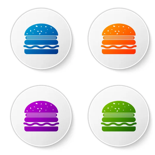 Χρώμα Burger εικονίδιο απομονωθεί σε λευκό φόντο. Εικονίδιο χάμπουργκερ. Πινακίδα σάντουιτς με τσίζμπεργκερ. Ορίστε εικονίδια σε κυκλικά κουμπιά. Απεικόνιση διανυσματικών φορέων — Διανυσματικό Αρχείο