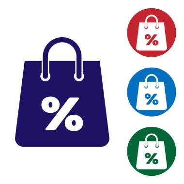 Beyaz arka planda izole edilmiş bir yazıt yüzde indirim simgesi ile Mavi Shoping çanta. Çanta tabelası. Kadın çantası simgesi. Kadın çanta tabelası. Renk simgesini daire düğmelerinde ayarlayın. Vektör İllüstrasyonu