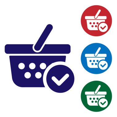 Beyaz arka planda yalıtılmış onay işareti simgesine sahip Mavi Alışveriş sepeti. Onaylı süpermarket sepeti, onaylamak, bitmiş, kene, tamamlanmış sembol. Renk simgesini daire düğmelerinde ayarlayın. Vektör İllüstrasyonu