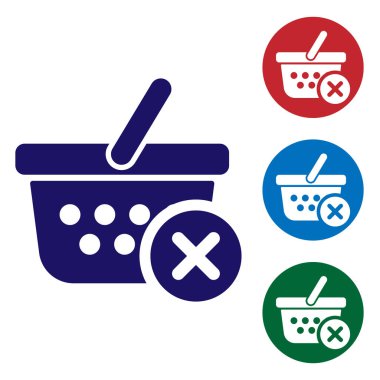 Mavi Beyaz arka planda yalıtılmış alışveriş sepeti simgesini kaldır. Online satın alma konsepti. Teslimat hizmeti işareti. Süpermarket sepeti ve X işareti. Renk simgesini daire düğmelerinde ayarlayın. Vektör İllüstrasyonu