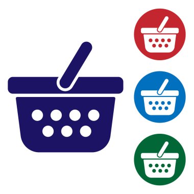 Mavi Alışveriş sepeti simgesi beyaz arka planda yalıtılmış. Online satın alma konsepti. Teslimat hizmeti işareti. Alışveriş sepeti sembolü. Renk simgesini daire düğmelerinde ayarlayın. Vektör İllüstrasyonu